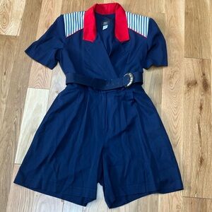 Vintage Navy Blue Belted Romper with Red Collar!